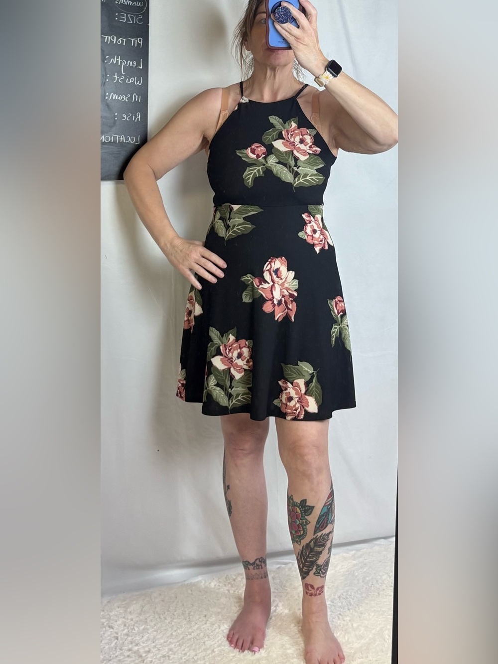 Lush Black Skater Dress with Pink Rose Floral Print